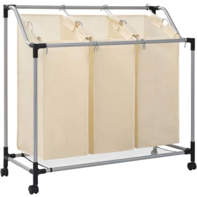 vidaXL Laundry Sorter with 3 Bags Steel Handles Cream Washing Clothes Bag