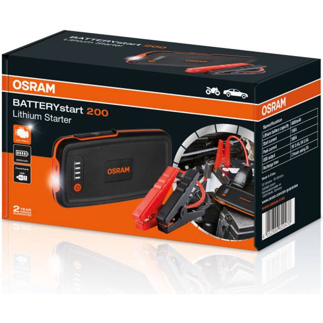OSRAM BATTERYstart 200, KFZ Starthilfe, Lithium Batteriestarter 500A 12V für Motorrad & PKW mit Powerbank Funktion für bis zu 3L Benzinmotoren, 6000mAH
