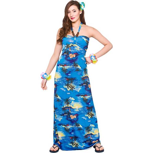 Hawaiian Long Dress Blue Palm Fancy Dress Beach Party - S (UK 10-12)