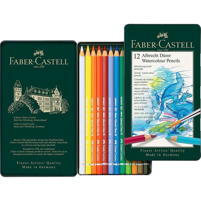 Faber-Castell 117512 Albrecht Dürer Akvarellfärgpennor, Burk om 12 Akvarellfärgpennor med 3,8 mm Tjocka Blyertsspetsar, Akvarellfärgpennor med Vattenlösliga Pigment som Förvandlas med Få Penseldrag