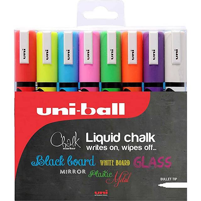 uni-ball PWE-5M flytande kritpennor. Mångsidiga torkbara färgade markörer för svarta tavlor, svarta tavlor, whiteboards, glas, speglar, plast, fönster, metall. Säker för barn. Punktspets 8-pack