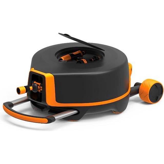 Fiskars Waterwheel XL med hjul, Komplett bevattnings-set, Sammanlagd räckvidd på 27 m, Dras in automatiskt, Trädgårdsslang i universal storlek (Ø 13 mm), universal koppling, Svart/Orange, 1025933