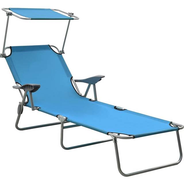 vidaXL Sun Lounger with Canopy Steel Blue Lounge Bed Outdoor Recliner Seat