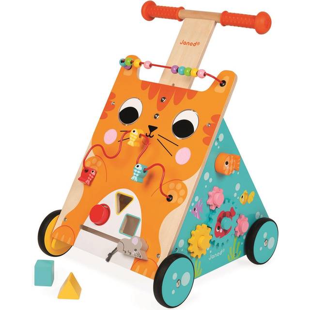 Janod Wooden Activity Baby Walker Cat - Push Along Toy with Brake and Height Adjustable Handle - First Steps, Learning to Walk - From 12 Months Old, J08005
