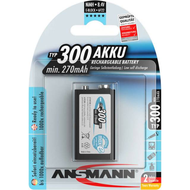 Ansmann Max-E 9V PP3 HR22 300mAh Pre-charged Rechargeable Battery | 1 Pack