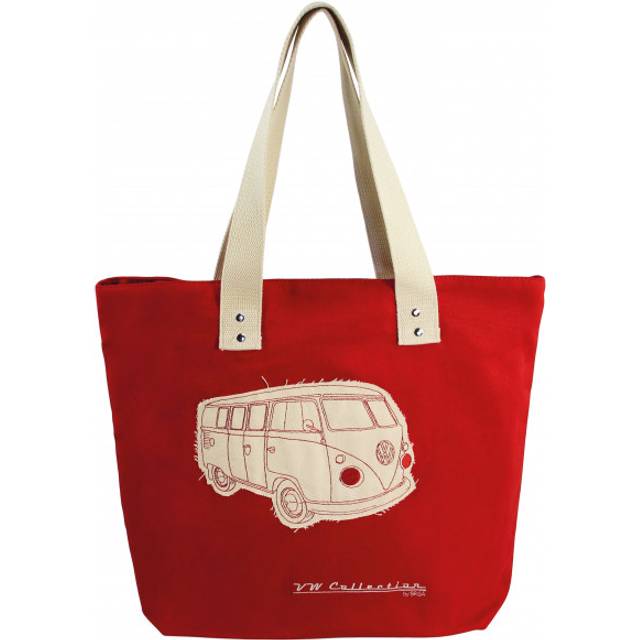 BRISA VW Collection – Volkswagen återanvändbar kanvas-shoppingpåse strandväska med T1 Bulli buss-motiv (silhuett/röd), röd, Canvas