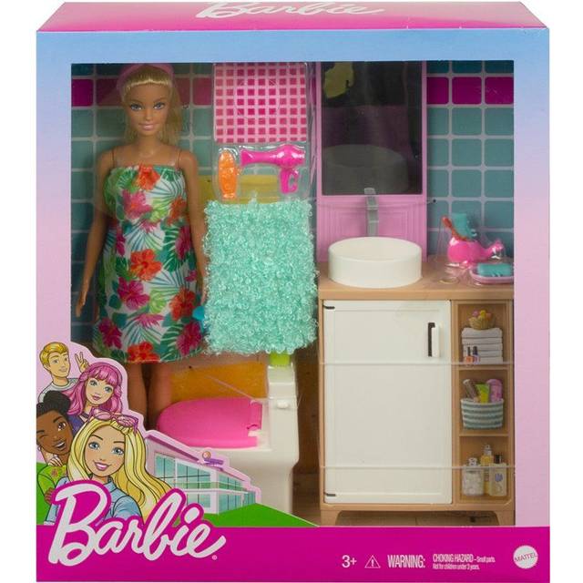 Barbie Doll and Bathroom Furniture Playset with Barbie Doll 11.5-inch Blonde  Toilet  Vanity and Accessories  Gift for 3 to 7 Year Olds