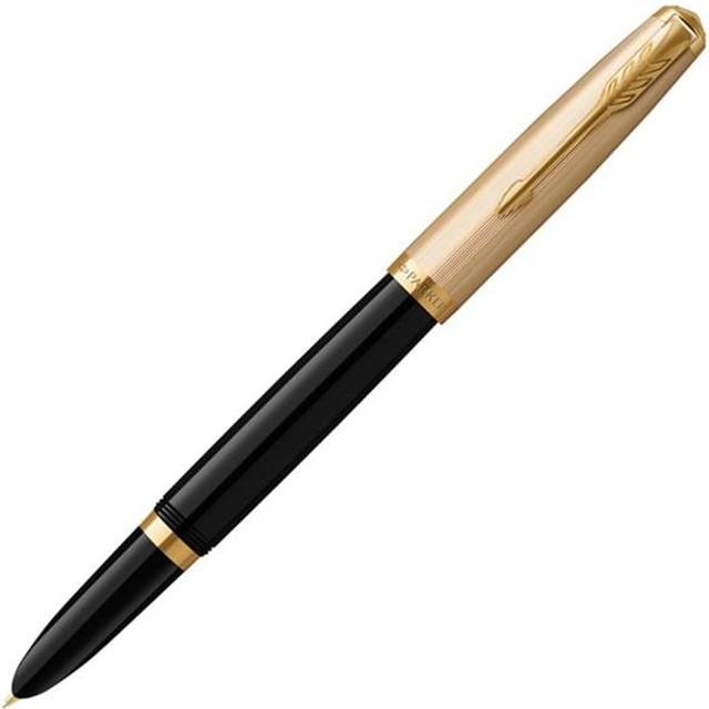 Parker 51 Fountain Pen | Deluxe Black Barrel with Gold Trim | Fine 18k Gold Nib with Black Ink Cartridge | Gift Box
