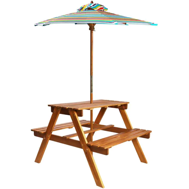 vidaXL Kids Picnic Table with Parasol 79x90x60 cm Solid Acacia Wood - Brown