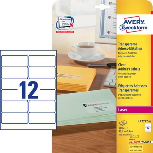 Etiketter | 99,1 x 42,3mm | transparent | Avery L4772-25 | 300st