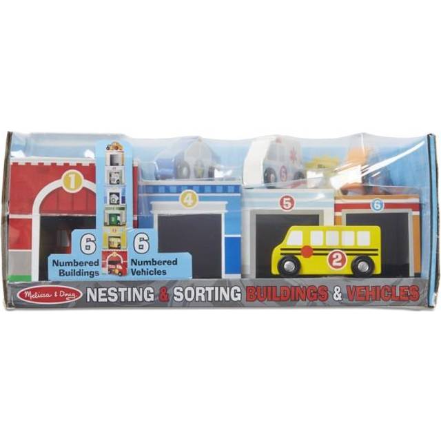 Melissa & Doug Nesting and Sorting Blocks â 6 Buildings, 6 Wooden Vehicles