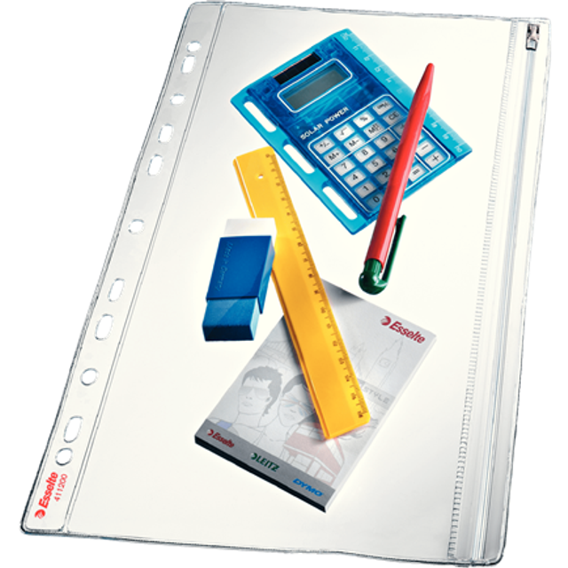 Esselte Punched Pocket with Slide Zipper, Pack of 5, Holds up to 40 A4 sheets, Transparent, Matte, 200 Micron PVC Material, 411200