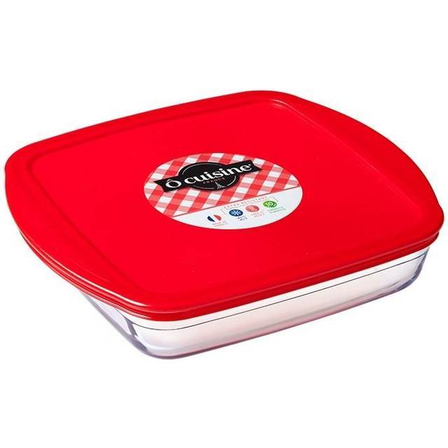 O Cuisine Glass Square Dish with Plastic Lid, Approx 1.6 litre, Red