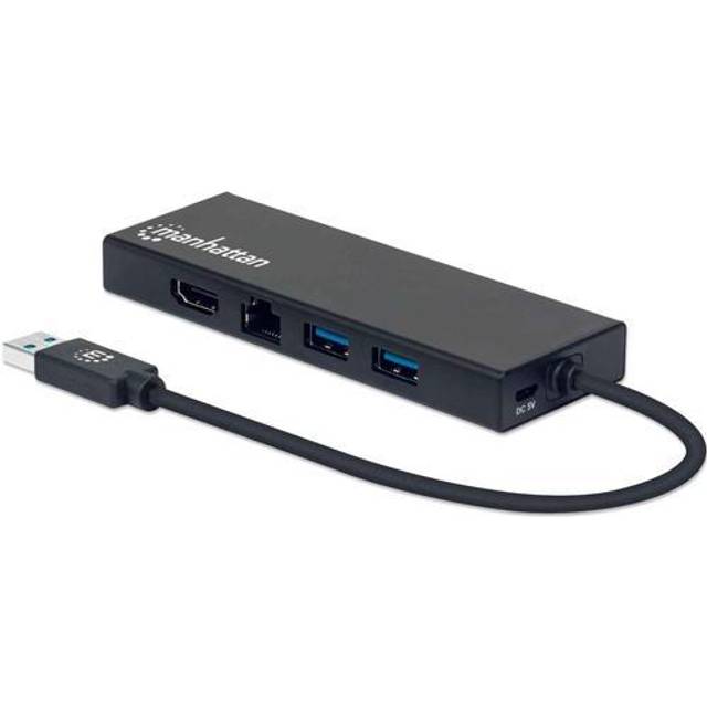 Manhattan USB-A Dock/Hub Ports (x5): Ethernet HDMI USB-A (x2) and VGA Micro-USB Power Input Port (Optional only when additional power needed. Not required for dual monitor functionality. Cable not included) Aluminium Black Three Year Warranty