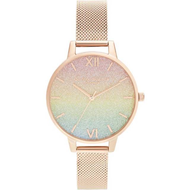 Olivia Burton Rainbow Glitter Dial Rose Gold Mesh Watch - Rose Gold - Multi-colour