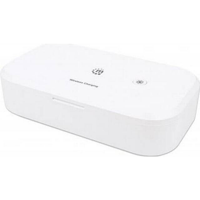 Manhattan UV Phone Sanitizer with Wireless Charger (Clearance Pricing), 10 W Wireless Charging Pad, Integrated UV LEDs to eliminate germs, viruses and bacteria, Quick 1-minute or 5-minute cleaning cycle, Auto-off UV light when opened, White, 3 Year Warran