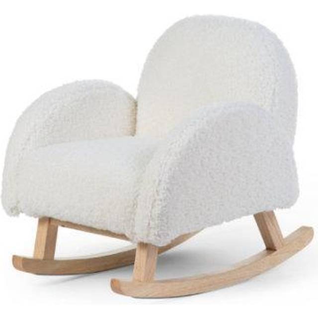 CHILDHOME, Gungstol för barn, bekväm fåtölj i trä, design, stark, säker, fåtölj med armstöd, teddy vit