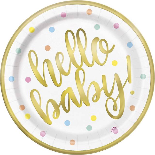 "Unique Party 73525 - Foil ""Hello Baby"" Gold Baby Shower Paper Plates, Pack of 8"