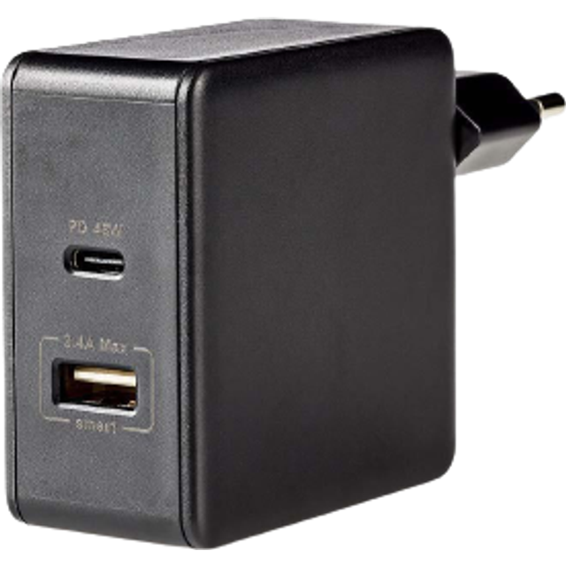 USB Mains Fast Charger 3.0A USB USB-C with PD Power Delivery 45W - Black