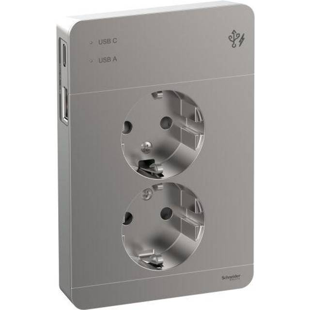 Schneider Exxact 2-vägs Vägguttag med USB: Metallic