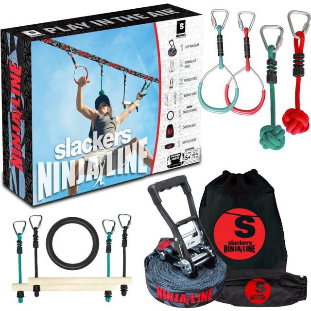 Slackers NinjaLine 30 Ft Intro Kit with 7 Hanging Obstacles - Active Play for Ages 6 to 12 - Fat Brain Toys