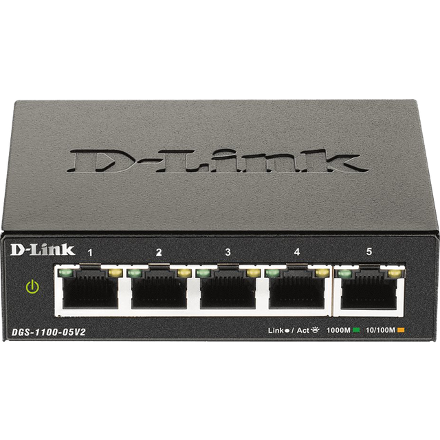 D-Link DGS-1100 seriens Gigabit 5-port smart administrerbar switch med VLAN-stöd, layer 2-funktioner, QoS, 802.3az EEE, fläktlös