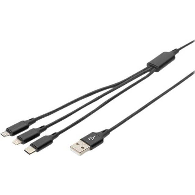 Digitus USB-laddningskabel Apple Lightning kontakt , USB-A kontakt, USB-C®-kontakt, USB-Micro-B-kontakt 1.00 m Svart Extremt robust flätad skärmning, Flexibel,
