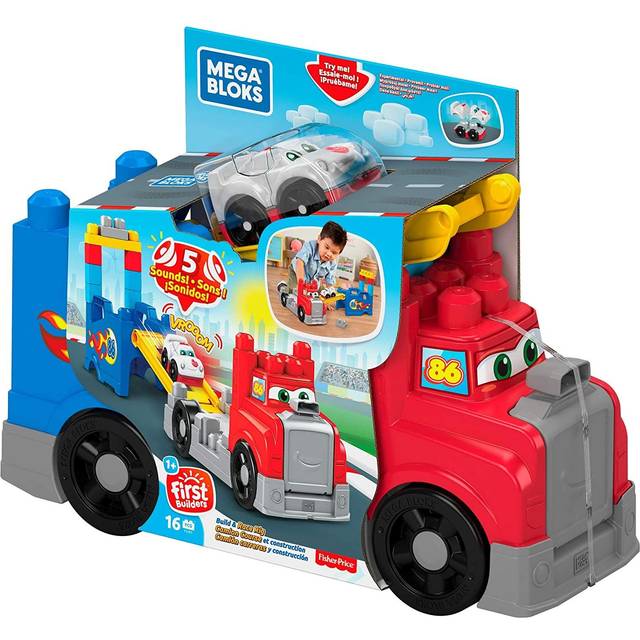 MEGA BLOKS First Builders Toddler Blocks Toy Set Build & Race Rig with 16 Pieces Sounds and Storage Red Ages 1+ Years