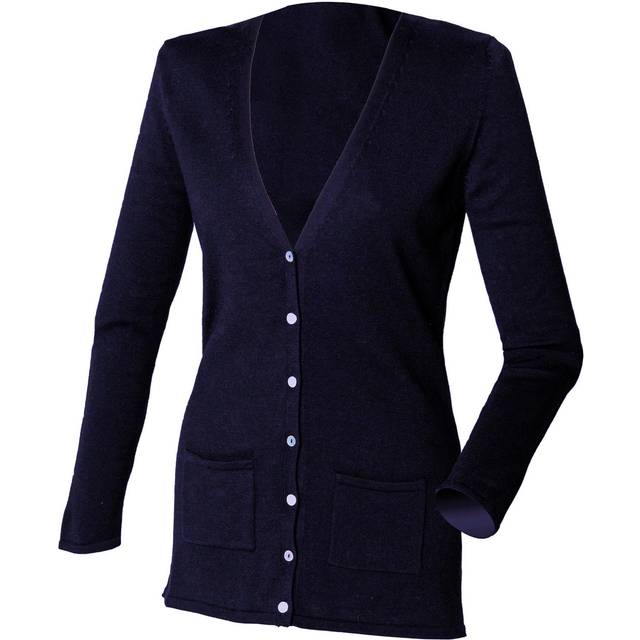 (S, Navy) Henbury Ladies/Womens V-Neck Button Fine Knit Cardigan