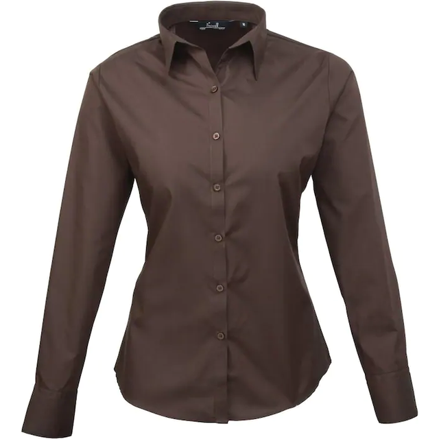 (14, Brown) Premier Womens/Ladies Poplin Long Sleeve Blouse / Plain Work Shirt