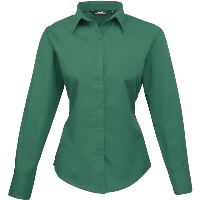 (12, Emerald) Premier Womens/Ladies Poplin Long Sleeve Blouse / Plain Work Shirt