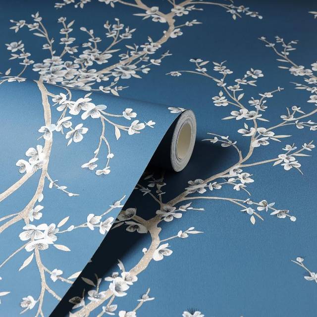 Oriental Trail Teal Wallpaper White Blossom Flowers Floral Dark Blue Decor