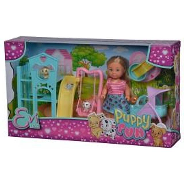 Evi Love Puppy Fun Doll with Three Cute Puppies and Great Dog Play/Swing, Slide and 2-in-1 Buggy / 12 cm/Suitable for Children from 3 Years