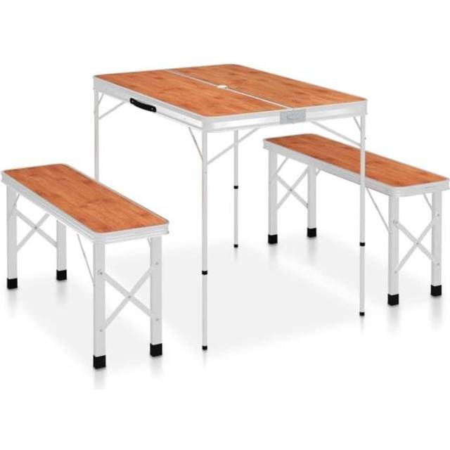 vidaXL Folding Camping Table with 2 Benches Aluminium Brown