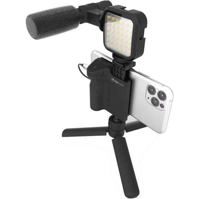 DigiPower Vlogging Set Följ mig med LED-videolampa mikrofon kamerahandtag med mobiltelefonhållare ministativ, kompatibel med smartphones, för TikTok, YouTube, live-streaming och möten