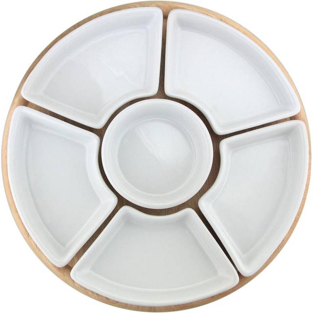 7 Piece Wooden Lazy Susan With 6 Ceramic Dishes - Party, Occasion Dish