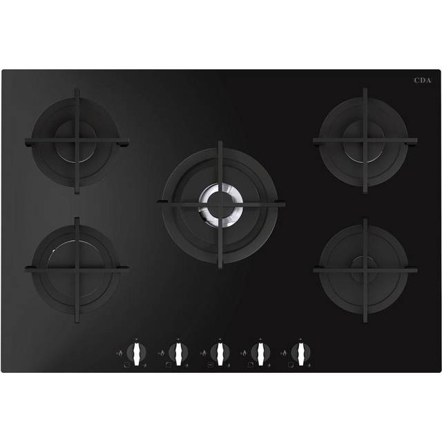 CDA HVG781BL Five burner gas on glass hob, Cast iron pan supports, Wok burner