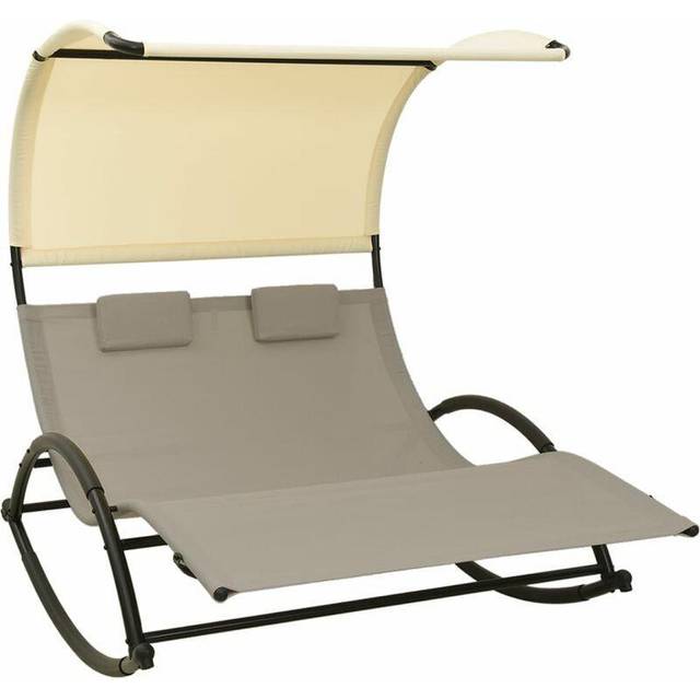 Double Sun Lounger with Canopy Textilene Black and Cream Vidaxl