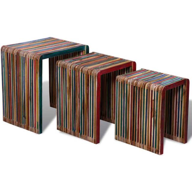 Set of 3 Wood Nesting Tables Colourful Reclaimed Teak Timeless Multicolour