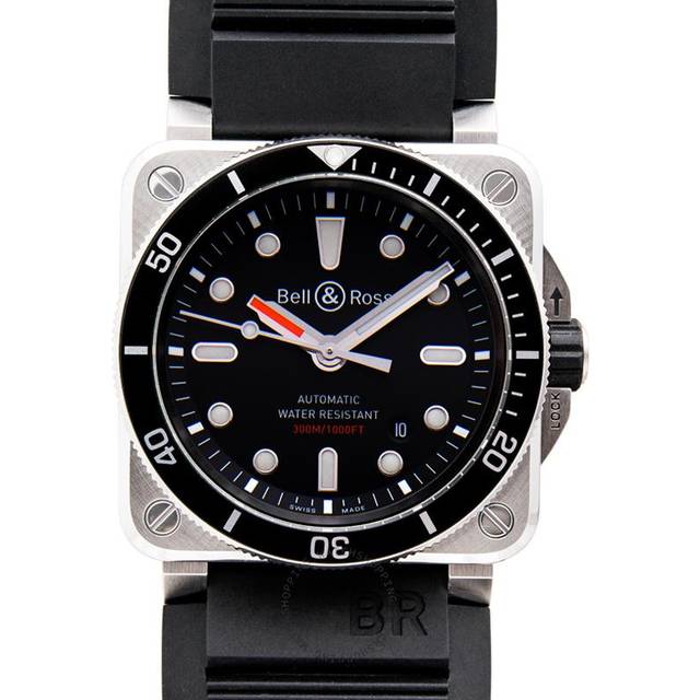 Bell & Ross Mens Black Br0392 Diver Satin-polished Steel and Rubber Automatic Watch - BLACK