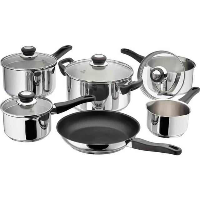 Judge Vista, 6 Piece Stainless Steel Saucepan Set with Glass Drainng Lids, 14cm Milk Pan, 16/18/20cm Saucepans, 24cm Casserole & 26cm Non-Stick Frying (10)