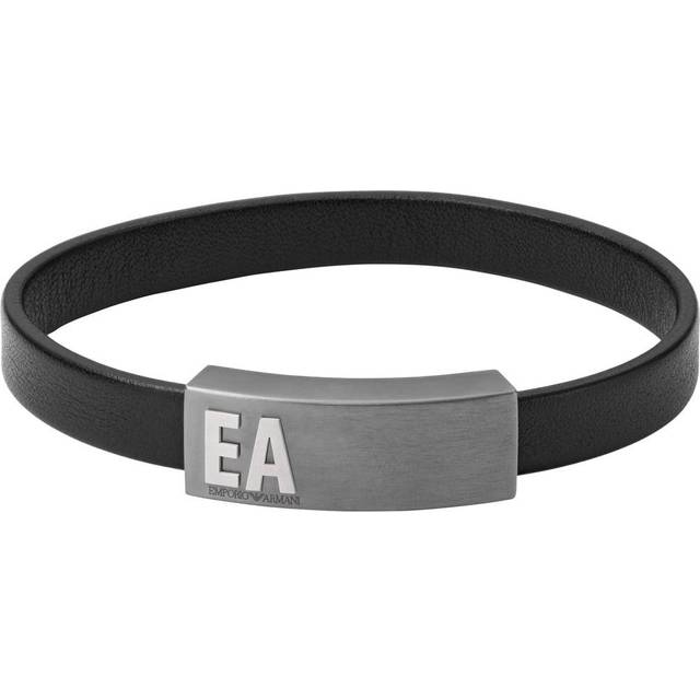 Emporio Armani Men's Black Leather & Grey IP Bracelet
