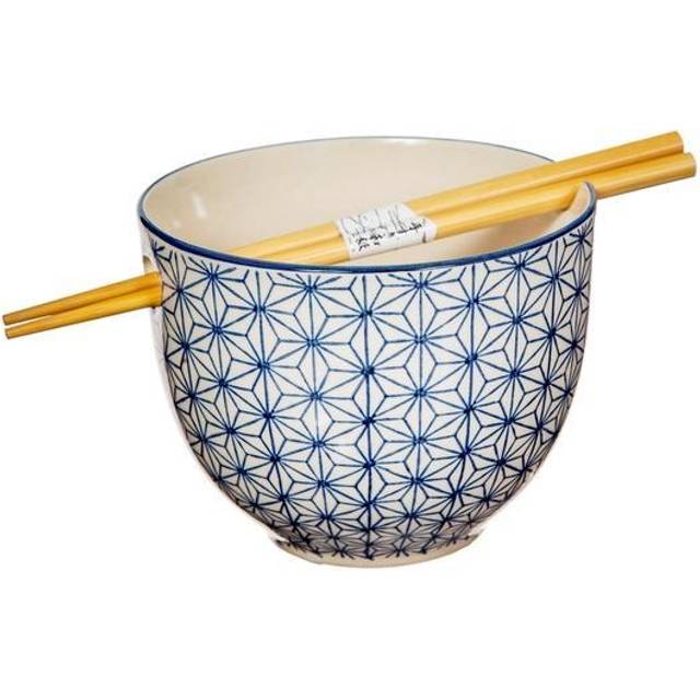 Blue Sashiko Pattern Noodle Bowl with Chopsticks