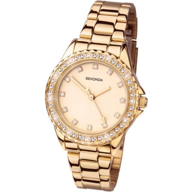 Sekonda damkvartsur 33 mm med stentrimmade hölje, analog display och armband i rostfritt stål, Roséguld armband/rosenurtavla, Roséguldpläterat armband/roséguld urtavla
