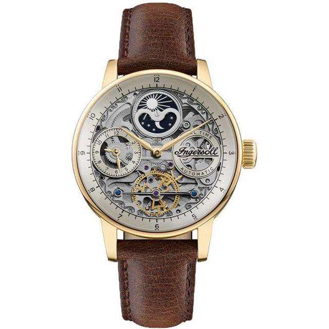 Ingersoll The Jazz Moon Phase Leather Strap Skeleton Gold Dial Automatic I07704 Men's Watch