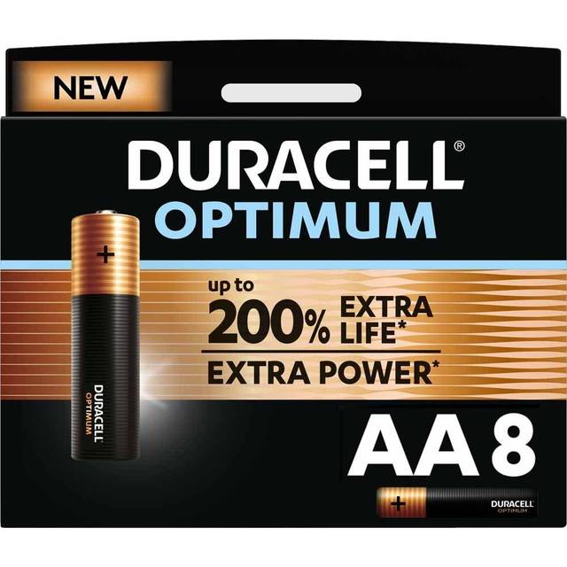 Duracell Optimum AA-batterier (8-pack) – Alkaliska batterier 1,5 V – Upp till 200 % längre brukstid eller extra kraft – 100 % återvinningsbara, plastfri förpackning – LR6 MX1500