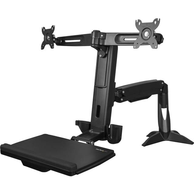 StarTech.com Sit Stand Dual Monitor Arm - Desk Mount Dual Computer Monitor Adjustable Standing Workstation for up to 24" Displays - VESA Ergonomic Stand Up Desk Converter w/ Keyboard Tray