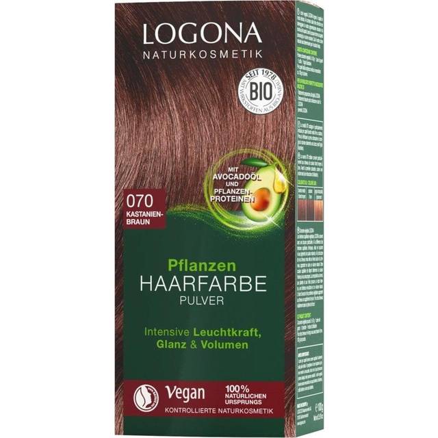LOGONA Naturkosmetik växt hårfärg pulver 070 kastanjebrun, med avokadoolja, vegansk och naturlig, brun naturlig hårfärg med henna, färgning, 100 g