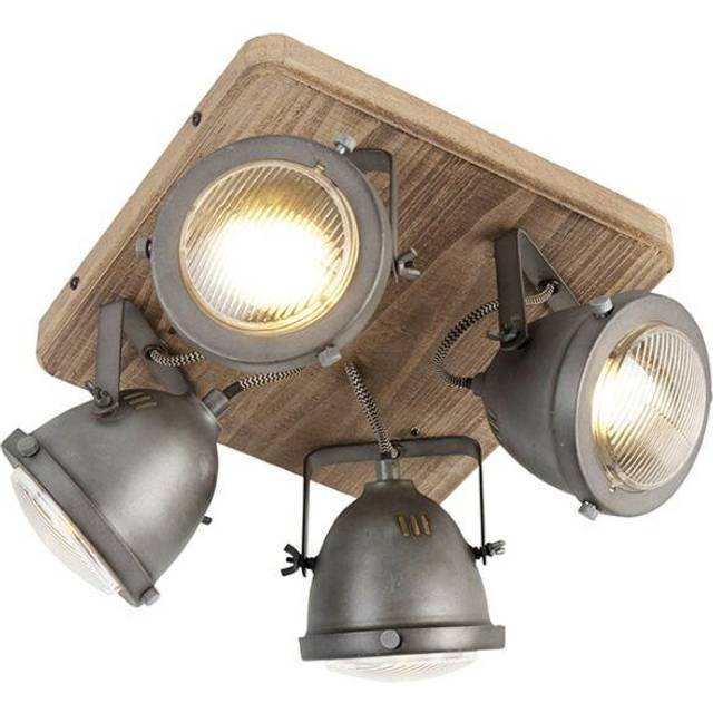 Qazqa - Industrial spotlight steel with wood tiltable 4-light - Emado