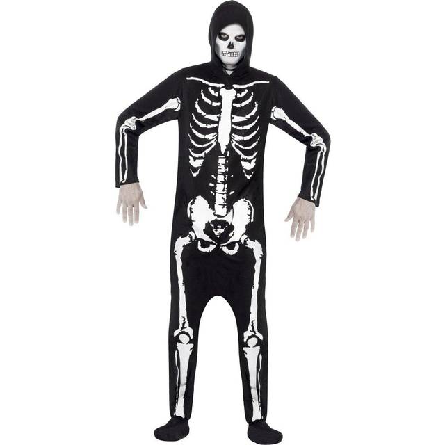 Medium Adult's Black Hooded All In One Skeleton Costume. -  skeleton costume fancy dress adult mens halloween outfit jumpsuit one hooded